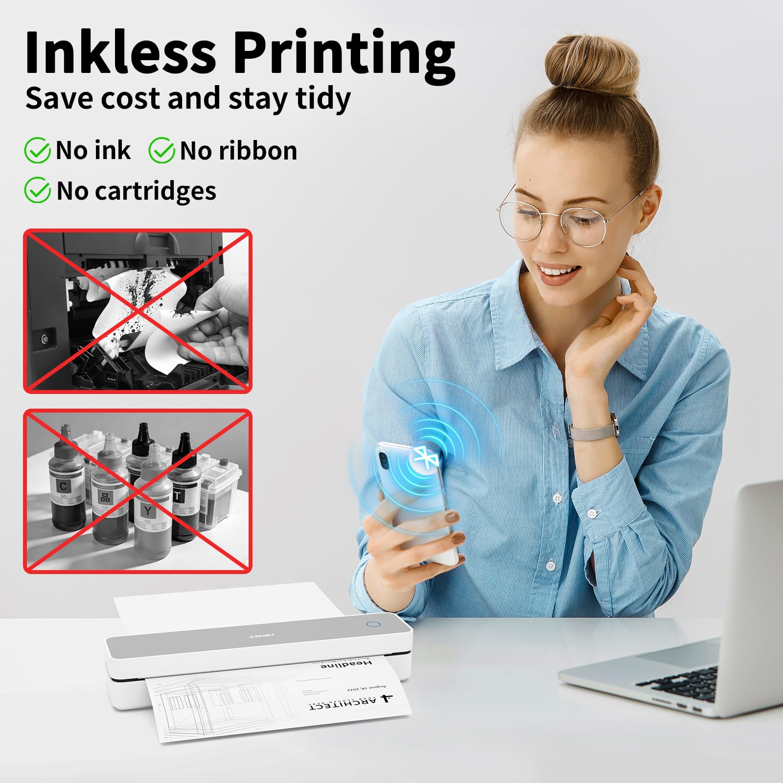HPRT Inkless Portable Printer Wireless for Travel,Thermal Printer Supports 8.5" x 11" US Letter&A4&A5,Compatible with iOS,Android, Laptop, MT620,203 DPI,Black