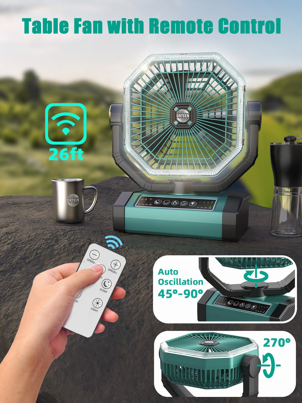 Portable Rechargeable Fan - 9-Inch Camping Fan for Tent, 24000mAh(60Hrs) Battery Operated Fan for Camping, Auto Oscillation Cordless Fans, Tent Fans with Remote/Light, 4 Speeds, 4 Timing, Outdoor