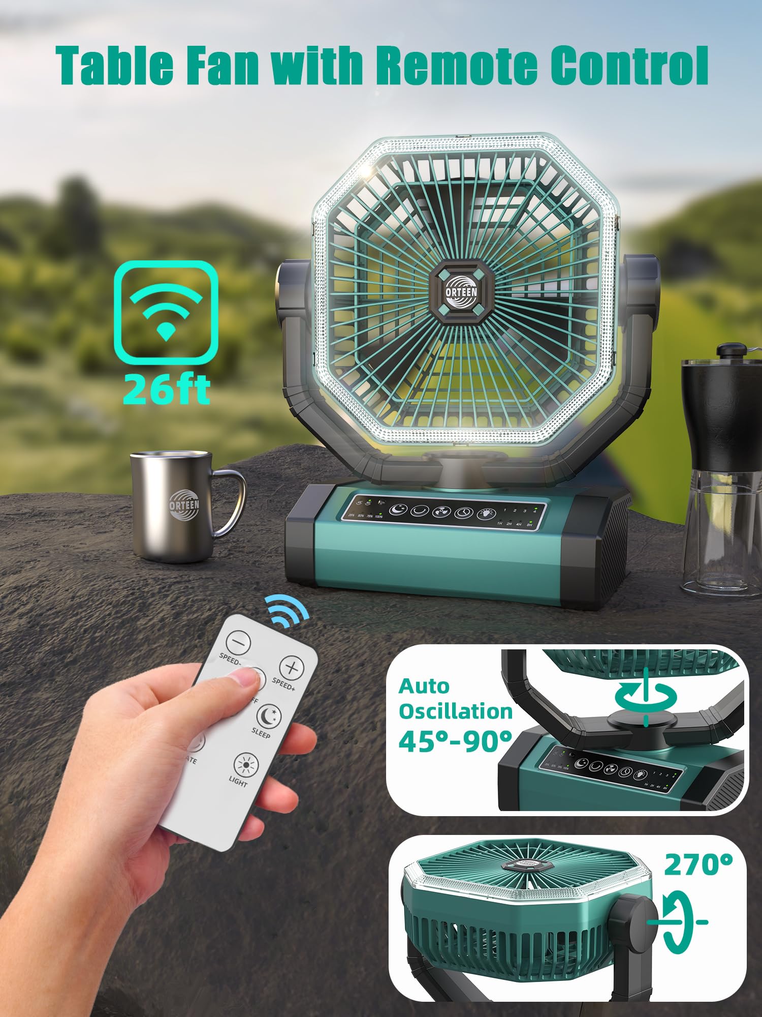 Portable Rechargeable Fan - 9-Inch Camping Fan for Tent, 24000mAh(60Hrs) Battery Operated Fan for Camping, Auto Oscillation Cordless Fans, Tent Fans with Remote/Light, 4 Speeds, 4 Timing, Outdoor