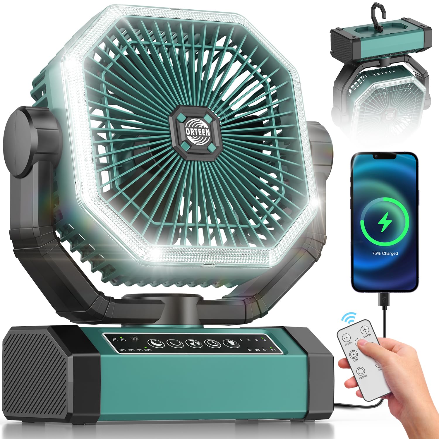 Portable Rechargeable Fan - 9-Inch Camping Fan for Tent, 24000mAh(60Hrs) Battery Operated Fan for Camping, Auto Oscillation Cordless Fans, Tent Fans with Remote/Light, 4 Speeds, 4 Timing, Outdoor
