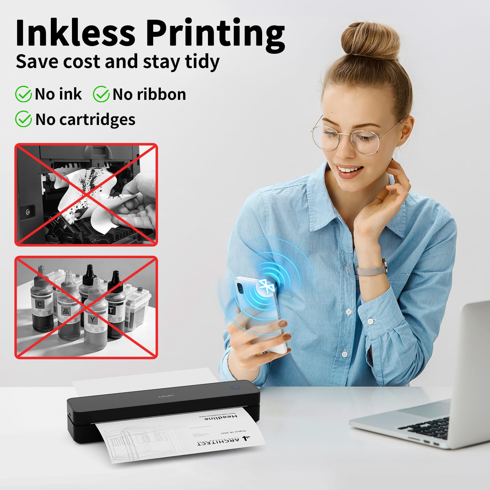 HPRT Inkless Portable Printer Wireless for Travel,Thermal Printer Supports 8.5" x 11" US Letter&A4&A5,Compatible with iOS,Android, Laptop, MT620,203 DPI,Black