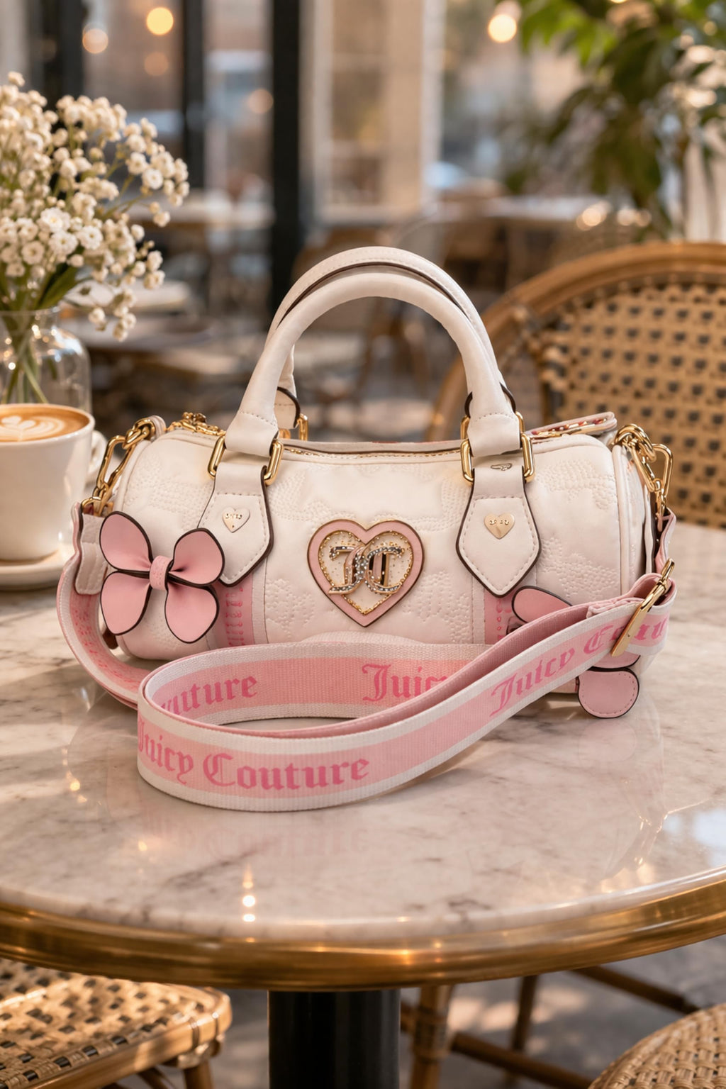 Juicy Couture Save the Best for Last Mini Barrel Satchel Bag, Quilted Logo Handbag with Bow Accents, 9 x 5 Inches