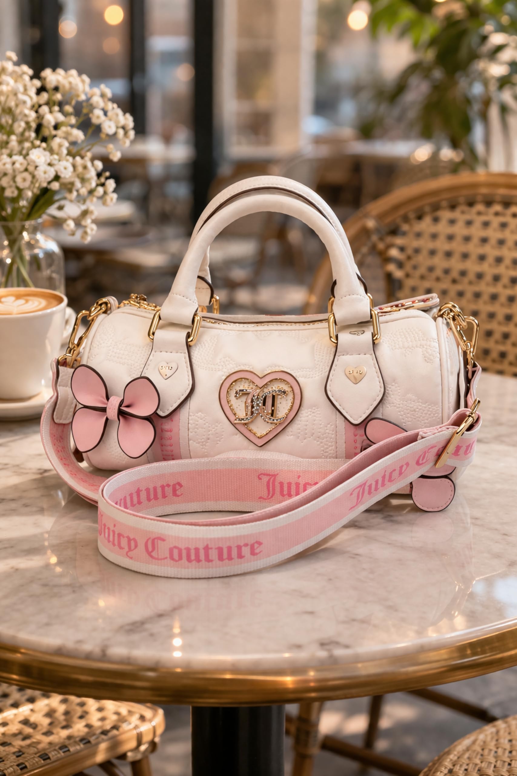 Juicy Couture Save the Best for Last Mini Barrel Satchel Bag, Quilted Logo Handbag with Bow Accents, 9 x 5 Inches