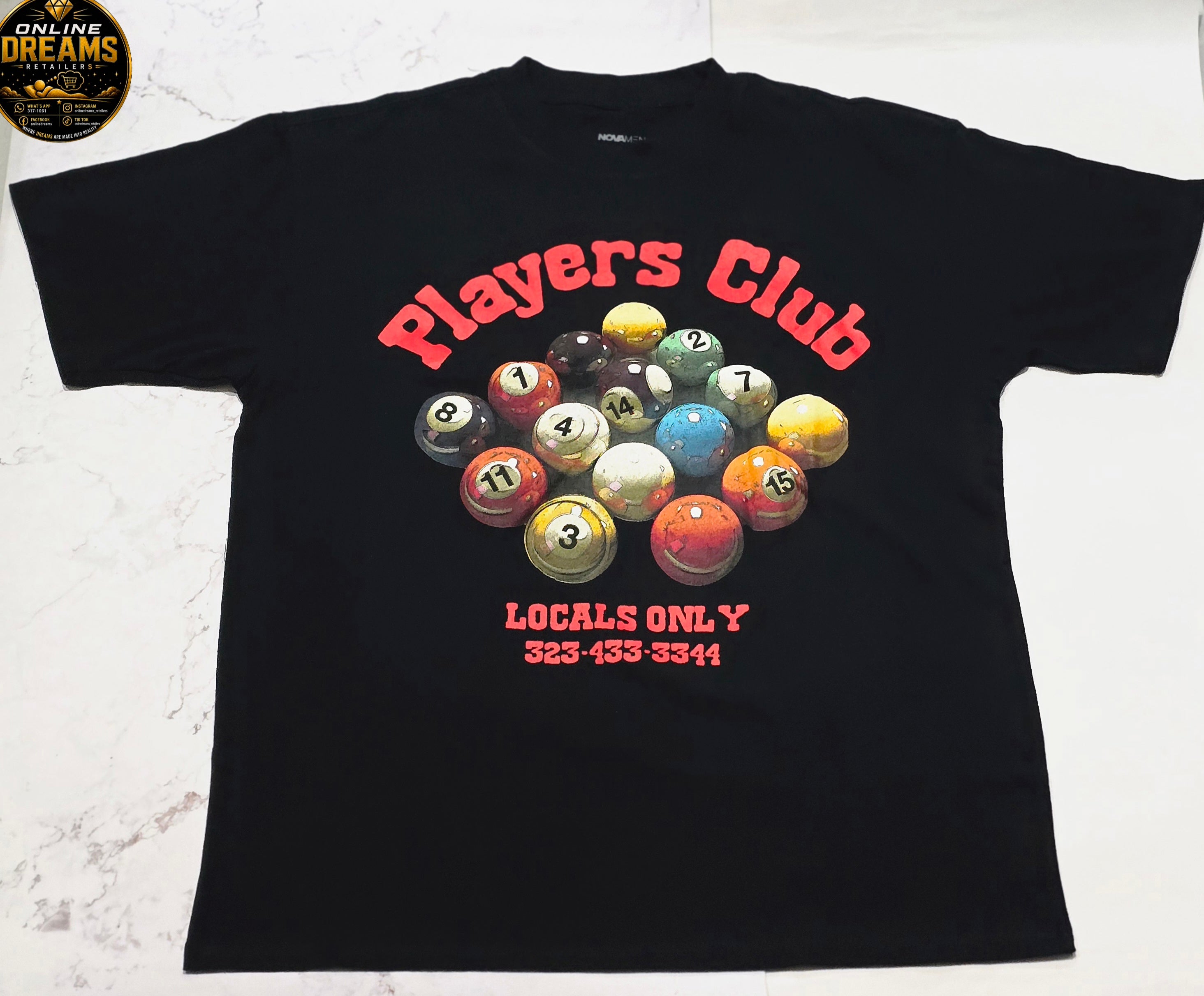Black t-shirt with pool ball design and 'Players Club Locals Only' text on a white background